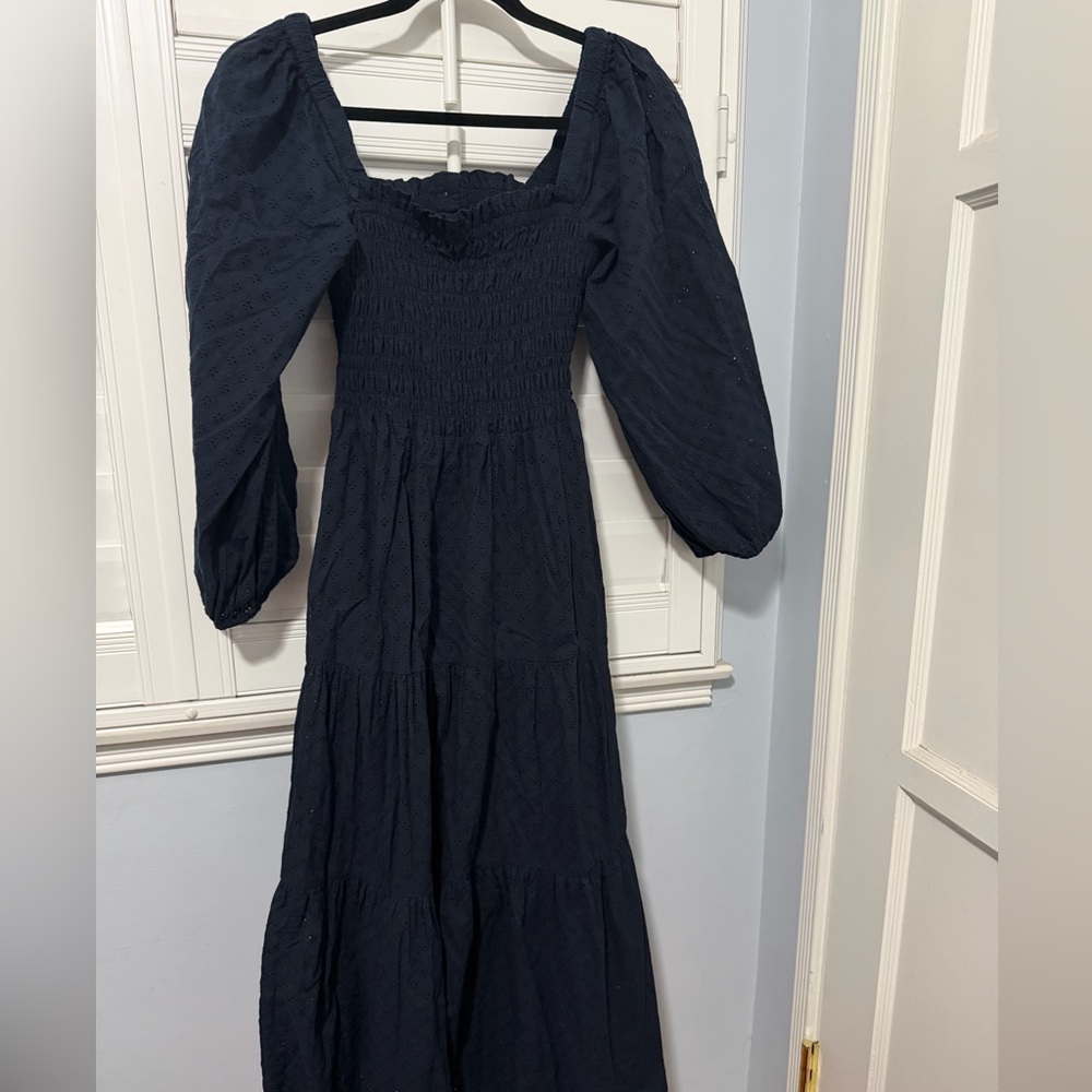 Madewell Navy Smocked Puff-Sleeve Tiered Maxi Dress